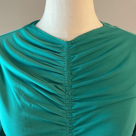 Venus RUCHED center front back party cocktail midi dress jersey fitted green M - Picture 3 of 11
